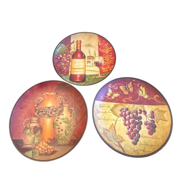 Kirklands Decorative Plate Set Of 3 Tuscan Vineyard Grapes & Wine Bottles Art - Picture 1 of 6